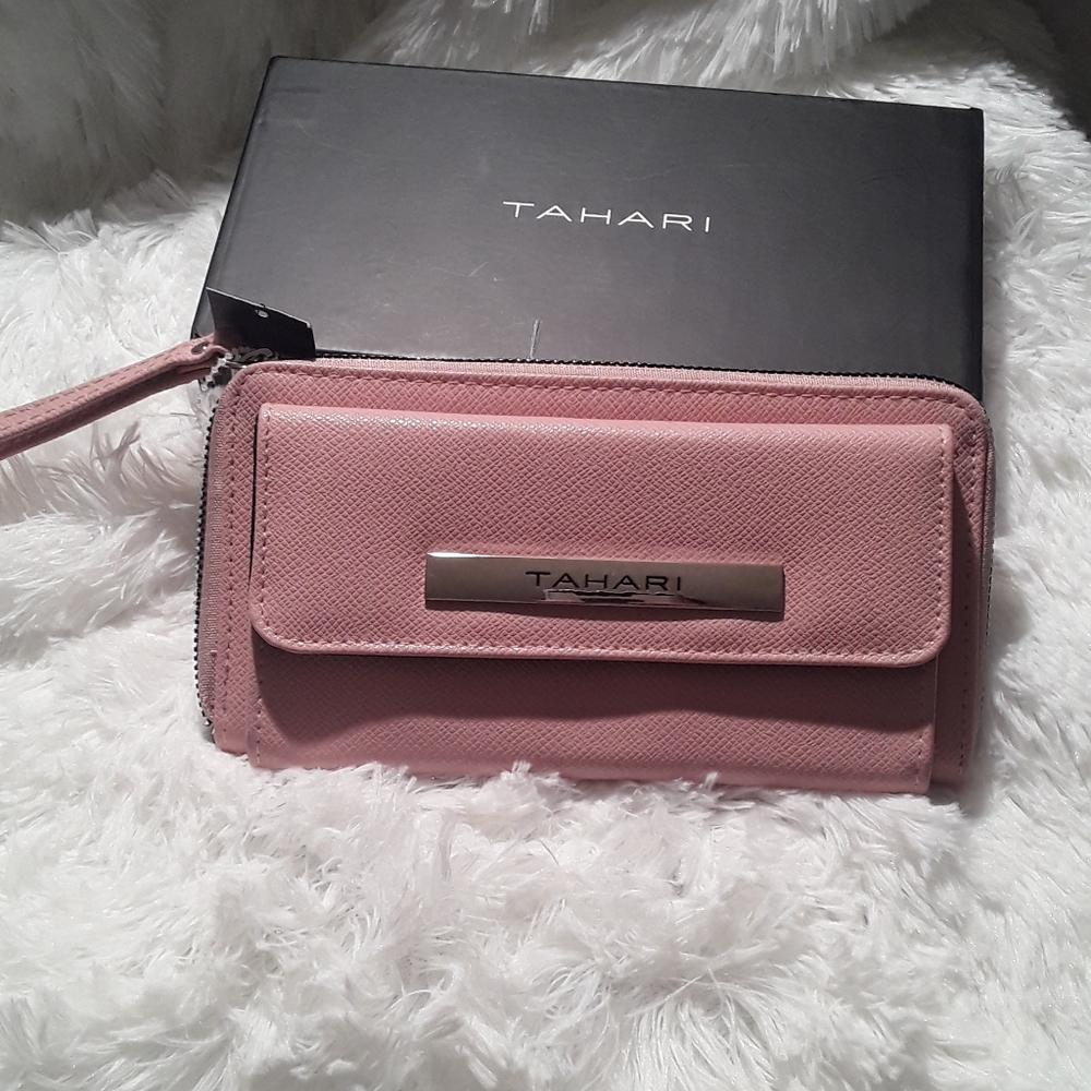 Tahari pink wallet front pocket organizer saffiano